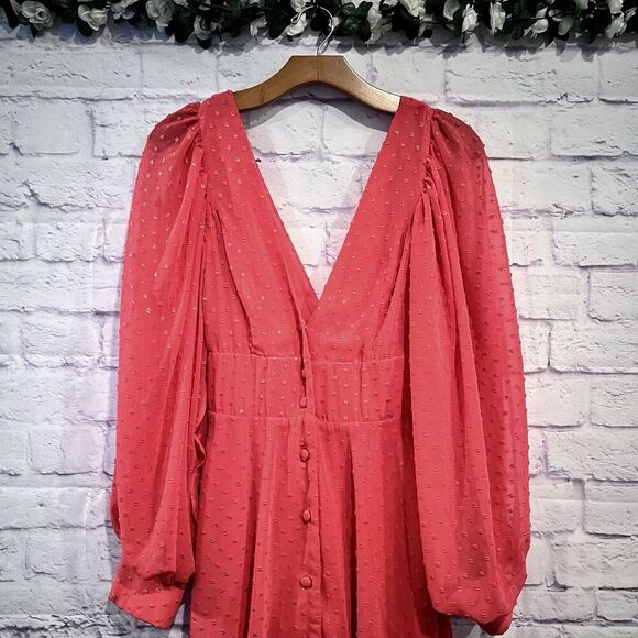 Kimberly Goldson Size XS Lesli Jacquard Long Sleeve Maxi Dress Coral Gold V Neck - Picture 5 of 16